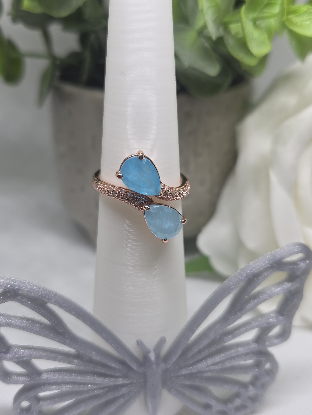 Rose Gold Blue Teardrop Bypass Ring On Gold Plating